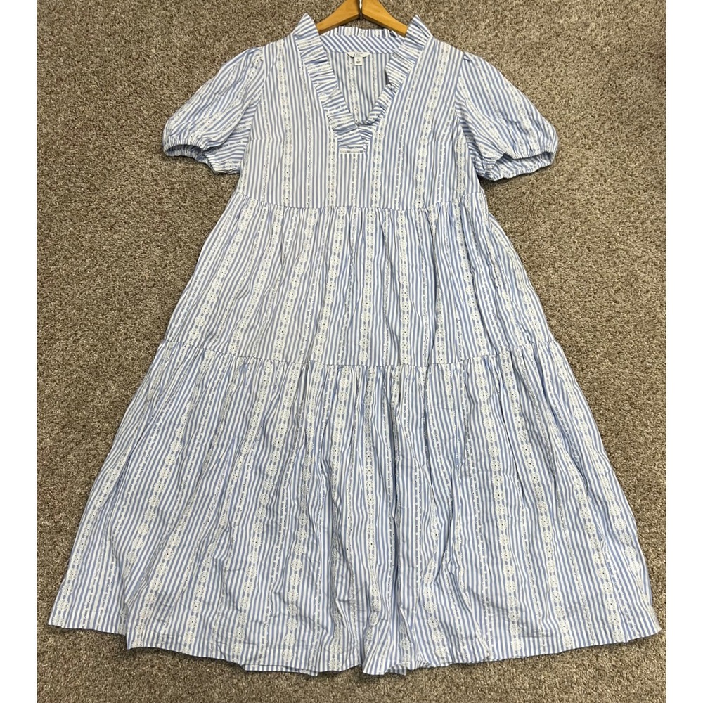 Crown & Ivy Blue White Striped Eyelet Tiered Midi Dress Ruffle V-Neck Large